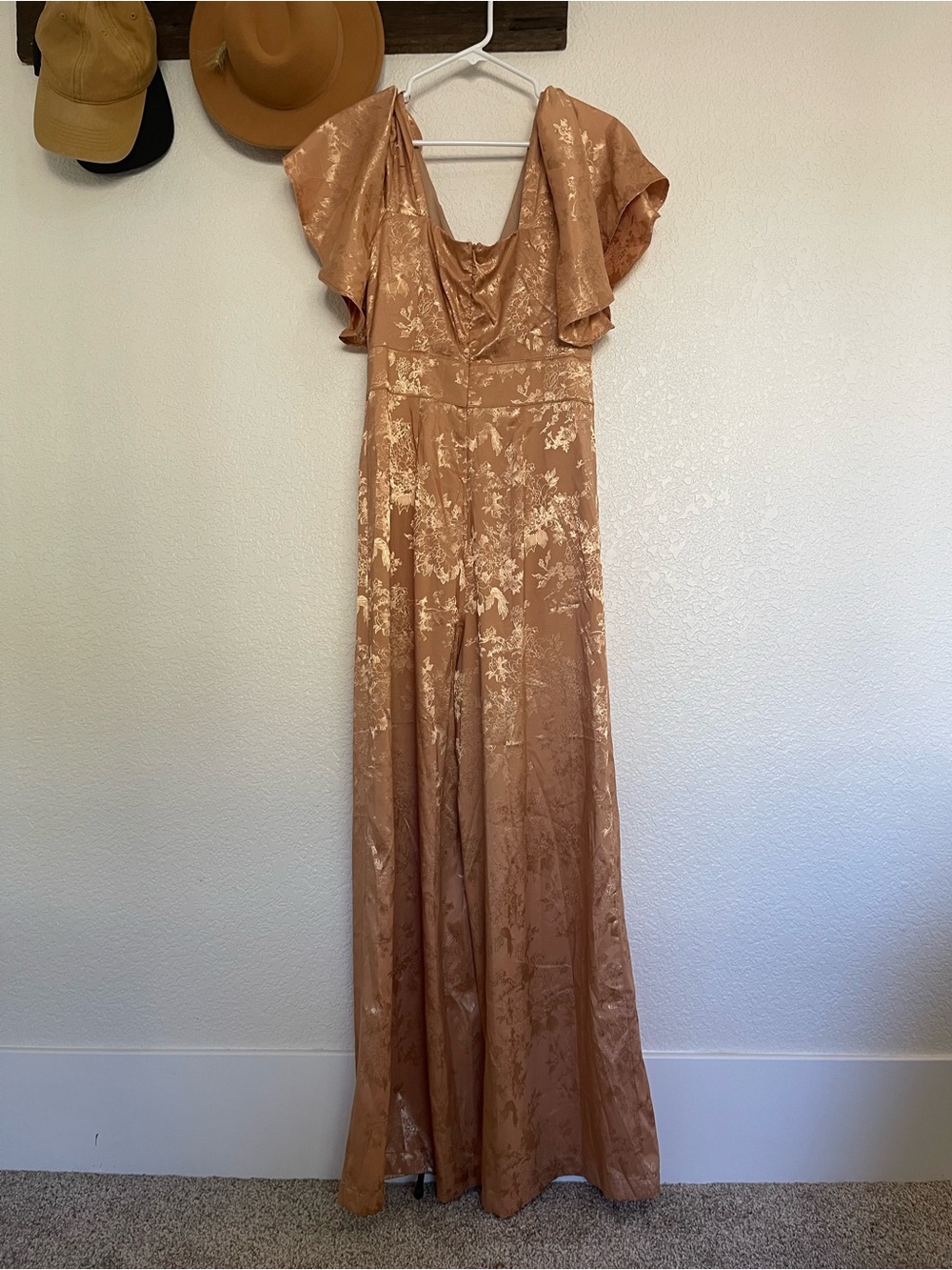 Baltic Born Jealous Tomato Gold Wide-Leg Satin Jumpsuit with Floral Detail